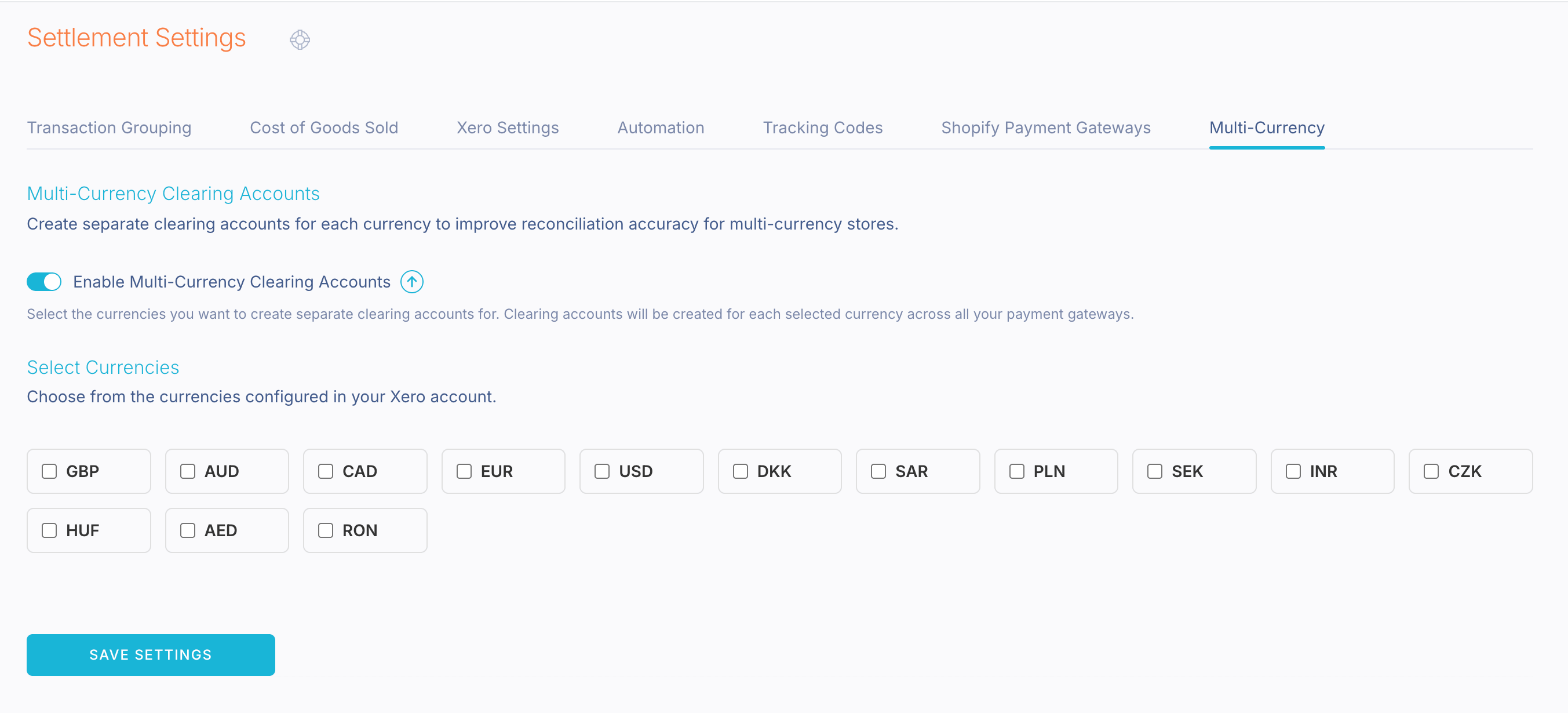 Link My Books Settlement Settings showing the Multi-Currency Clearing Accounts toggle and currency selection