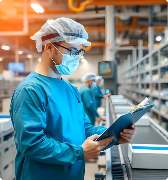 Man in yellow hard hat and safety vest holding clipboard in industrial setting with engine parts.