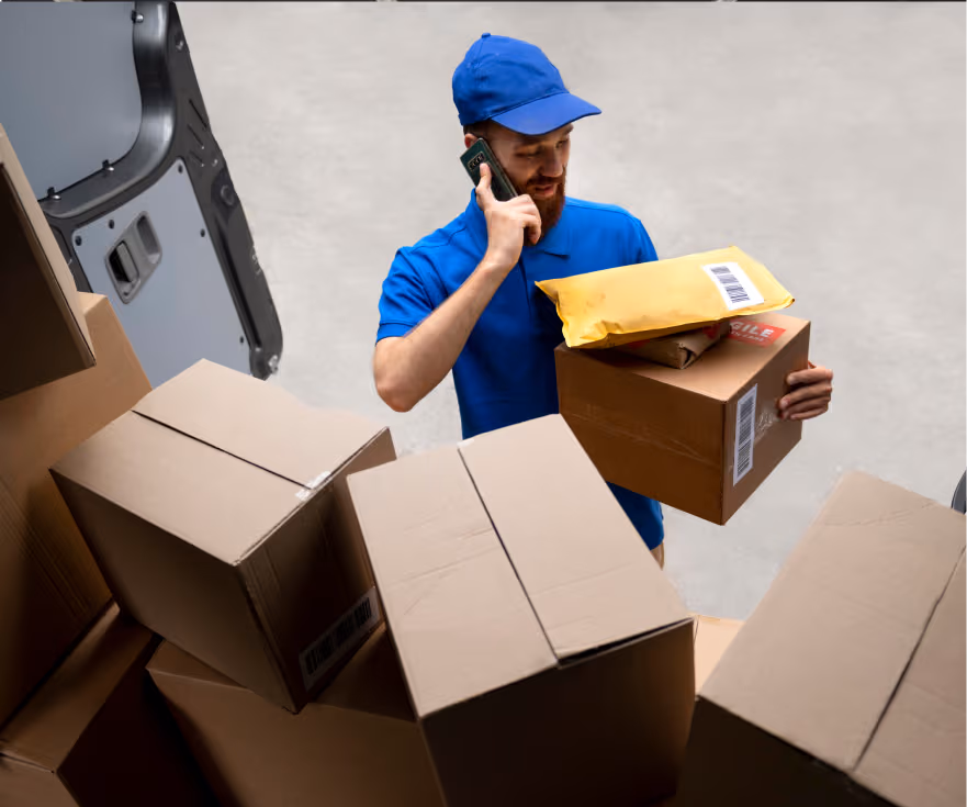 A delivery worker in a blue uniform holds packages and talks on the phone beside a van filled with boxes.