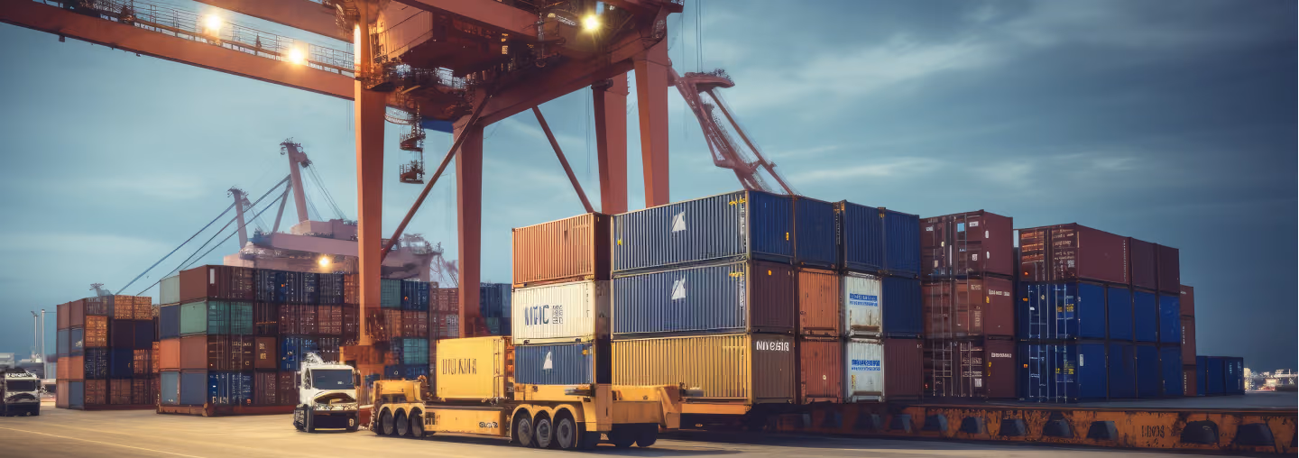 view of shipping containers stacked at a port during the night