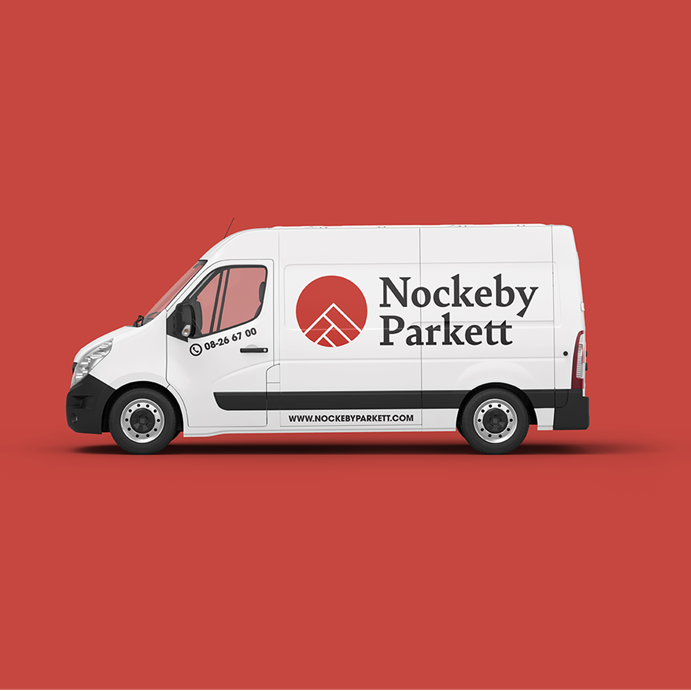White delivery van with Nockeby Parkett logo and website on red background.