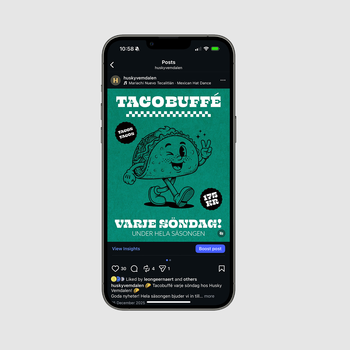 Instagram post on phone screen promoting a taco buffet every Sunday with a cartoon taco character flashing a peace sign on teal background.