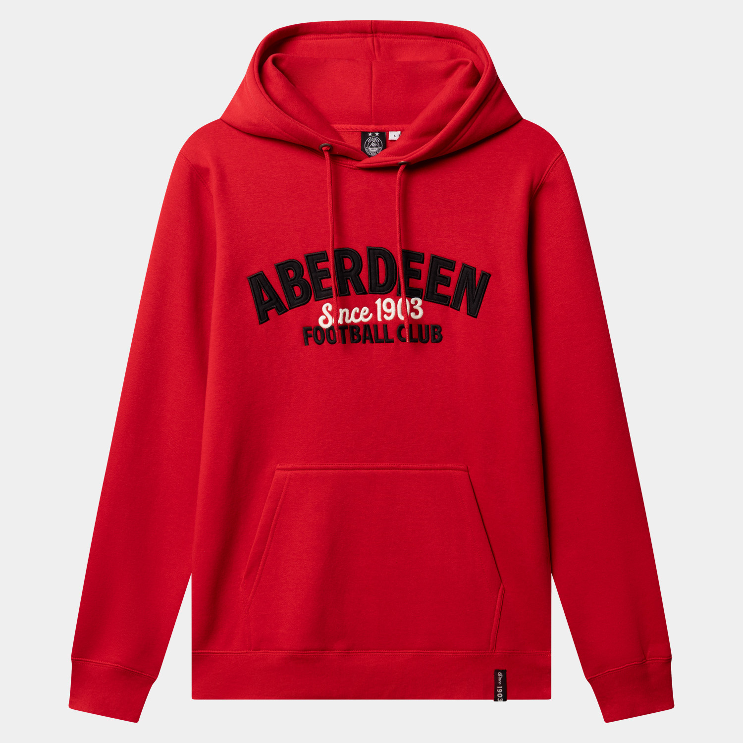 Red hoodie with a front pocket featuring black and white text reading 'ABERDEEN Since 1903 FOOTBALL CLUB' on the chest.