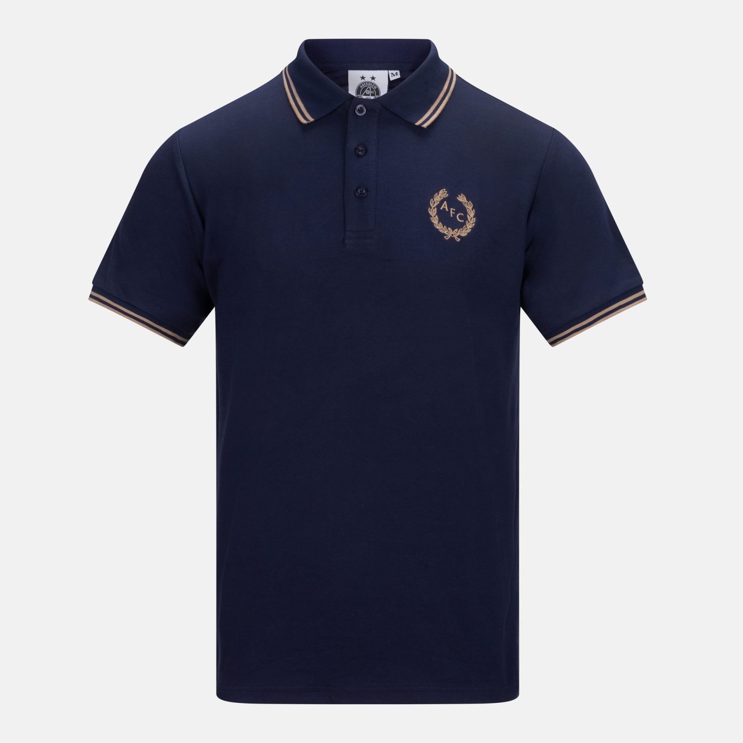 Navy blue polo shirt with beige striped collar and sleeve cuffs and embroidered AFC laurel wreath logo on chest.