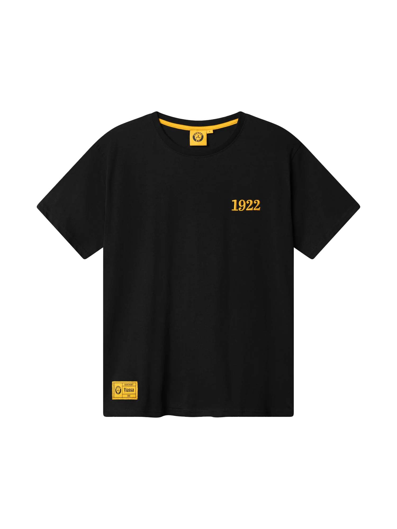 Black short-sleeve t-shirt with yellow 1922 text on chest and a yellow label near the hem.