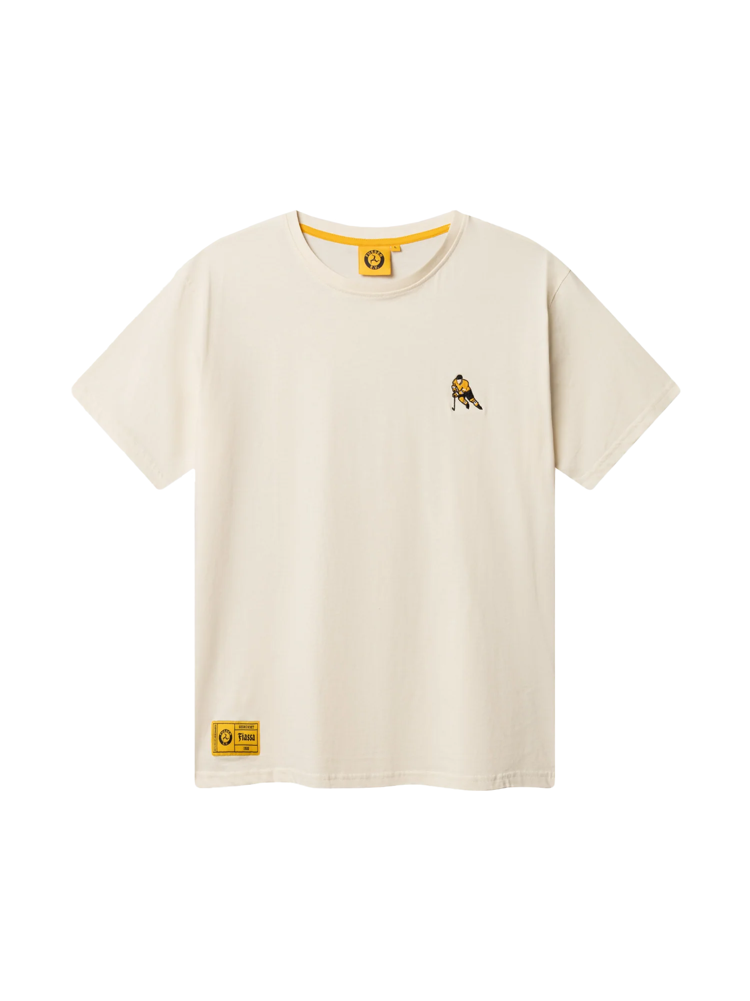 Beige short-sleeve t-shirt with a small embroidered ice hockey player in yellow on the chest and a yellow rectangular patch near the hem.