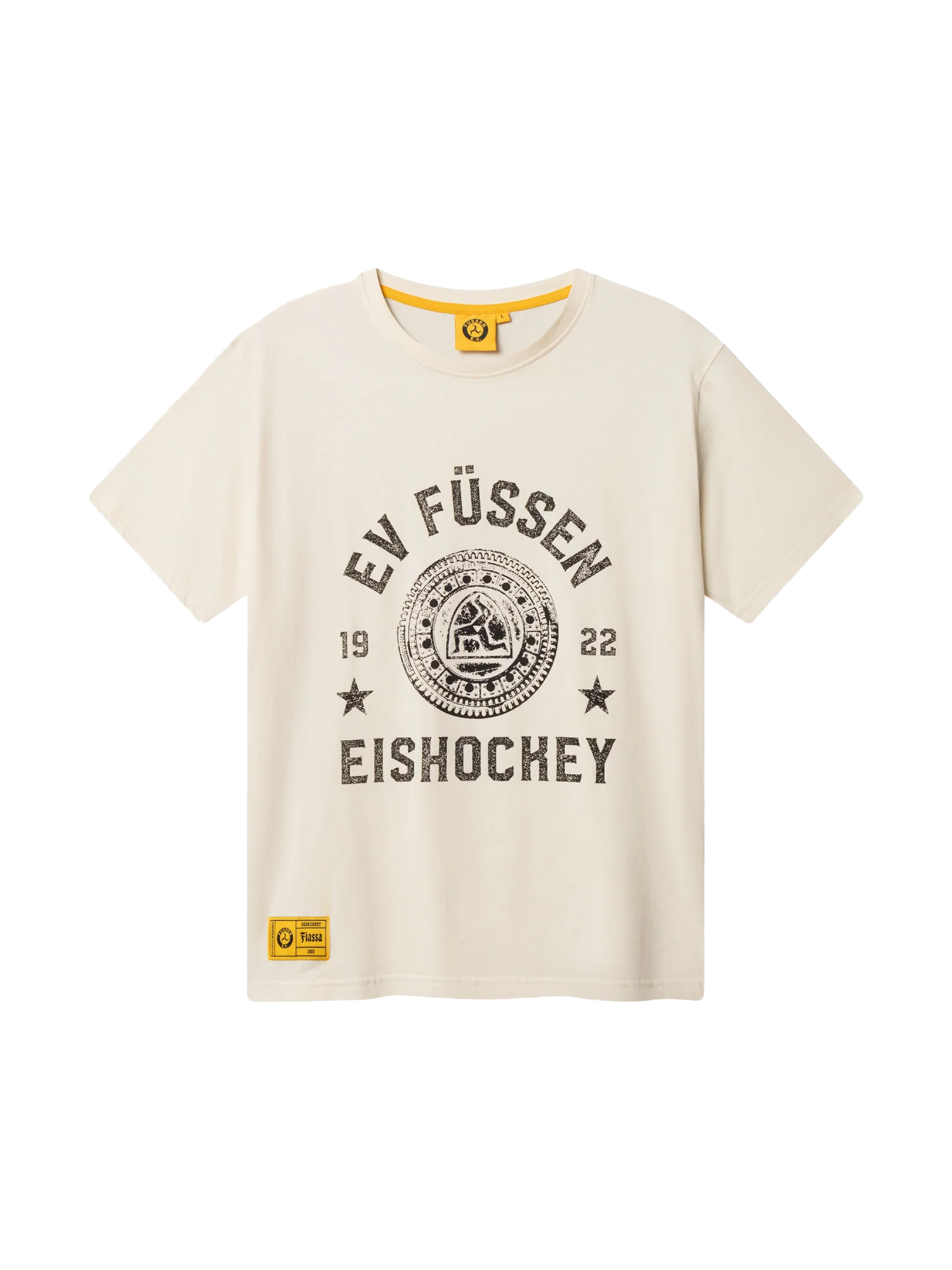 Cream-colored short-sleeve t-shirt with black text 'EV FÜSSEN 1922 EISHOCKEY' and a circular emblem in the center, plus a yellow patch near the bottom hem.