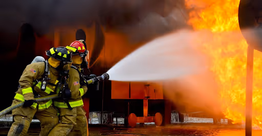 Firefighters spraying water onto a fire