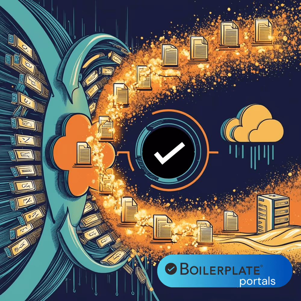 contacts and documents flowing into Boilerplate and being exported to a cloud folder, 1990s style graphic
