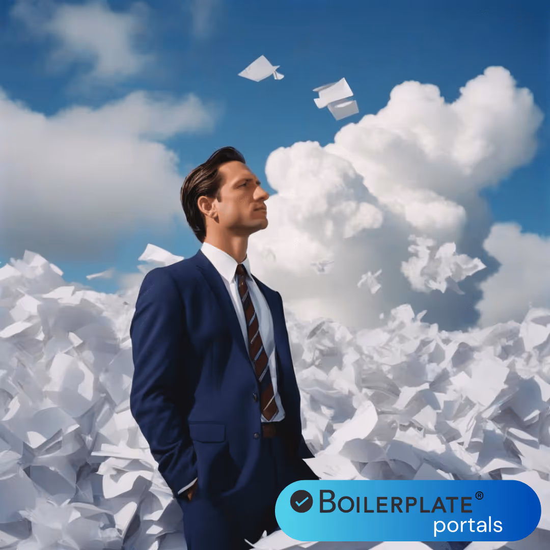 man in a suit stand amongst a cloud made of documents
