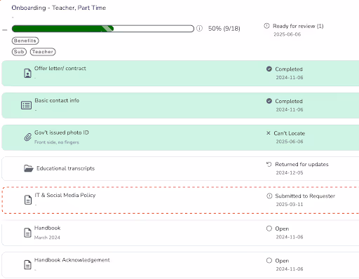 Screenshot of Boilerplate’s onboarding dashboard showing open items and document tracking for multiple roles, including teachers, aides, and administrators at a charter school
