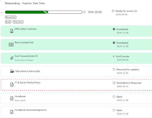 Screenshot of Boilerplate’s onboarding dashboard showing open items and document tracking for multiple roles, including teachers, aides, and administrators at a charter school