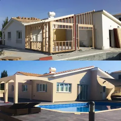 Two images of a timber framed building under construction and then finished.
