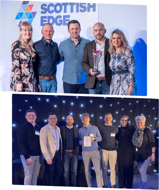 Two group photos of people at an awards event; the top group stands in front of a Scottish Edge backdrop while the bottom group stands on a stage with star-like lights, some holding awards.