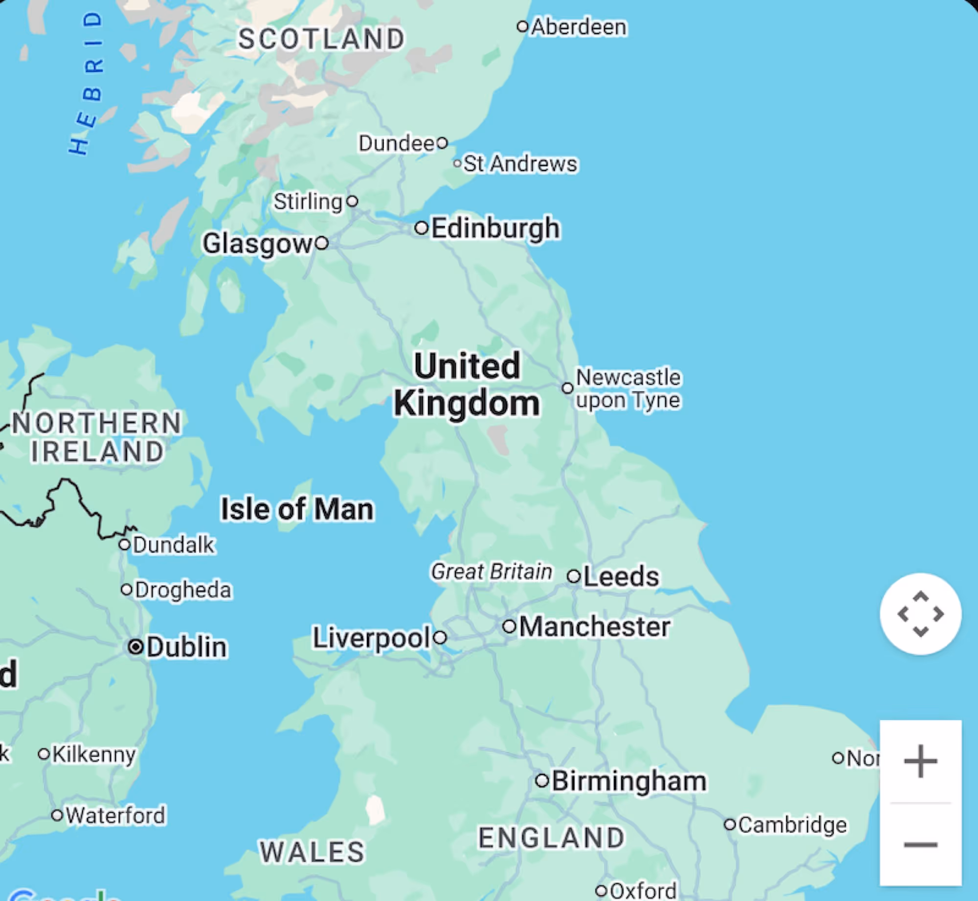 Map of the United Kingdom and surrounding areas showing cities like Edinburgh, Glasgow, Liverpool, Manchester, Birmingham, Leeds, and Dublin in Ireland.