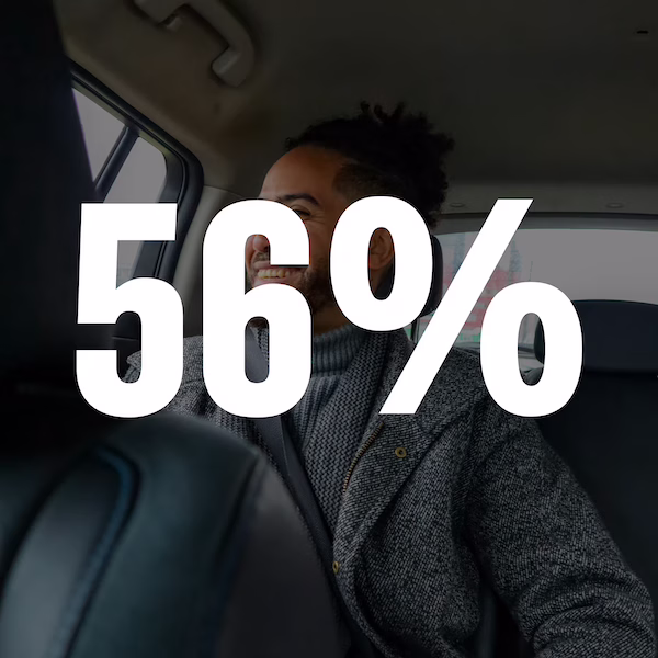 Smiling man with curly hair sitting in a car backseat wearing a gray jacket and turtleneck.
