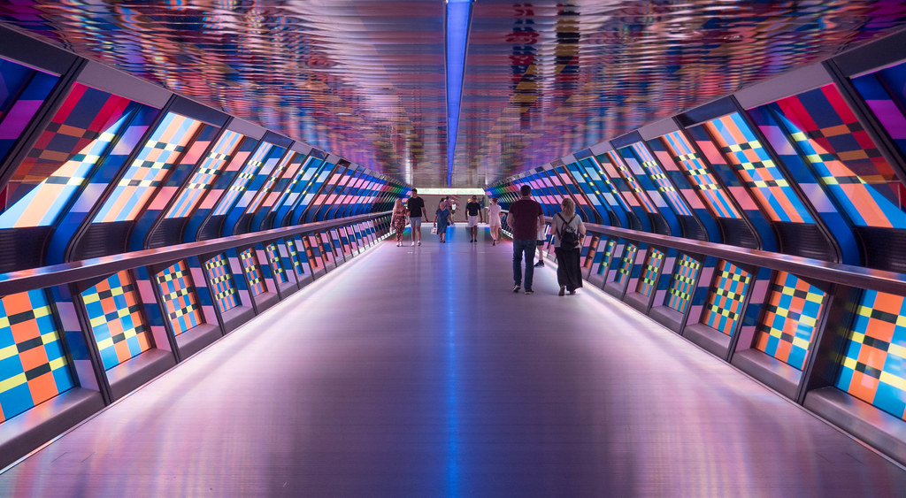 The colourful interior of a managed office space available to rent in Canary Wharf.