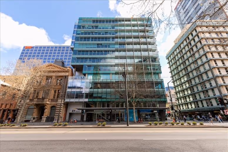A blue sky, sunny exterior of a serviced office space in Adelaide.