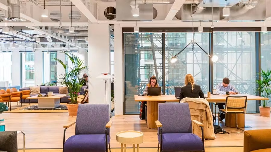 A bright, spacious breakout space within an office space in Cambridge, England.