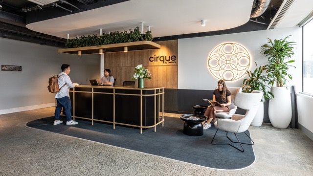 A bright, spacious reception area of a private office space in Brisbane.