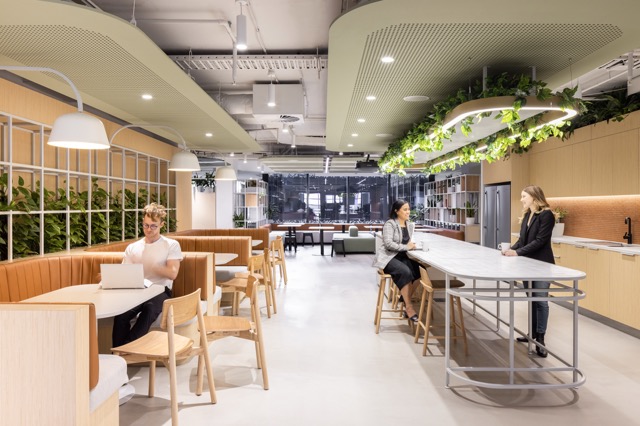 A bright welcoming breakout space within a modern office space in Sydney.