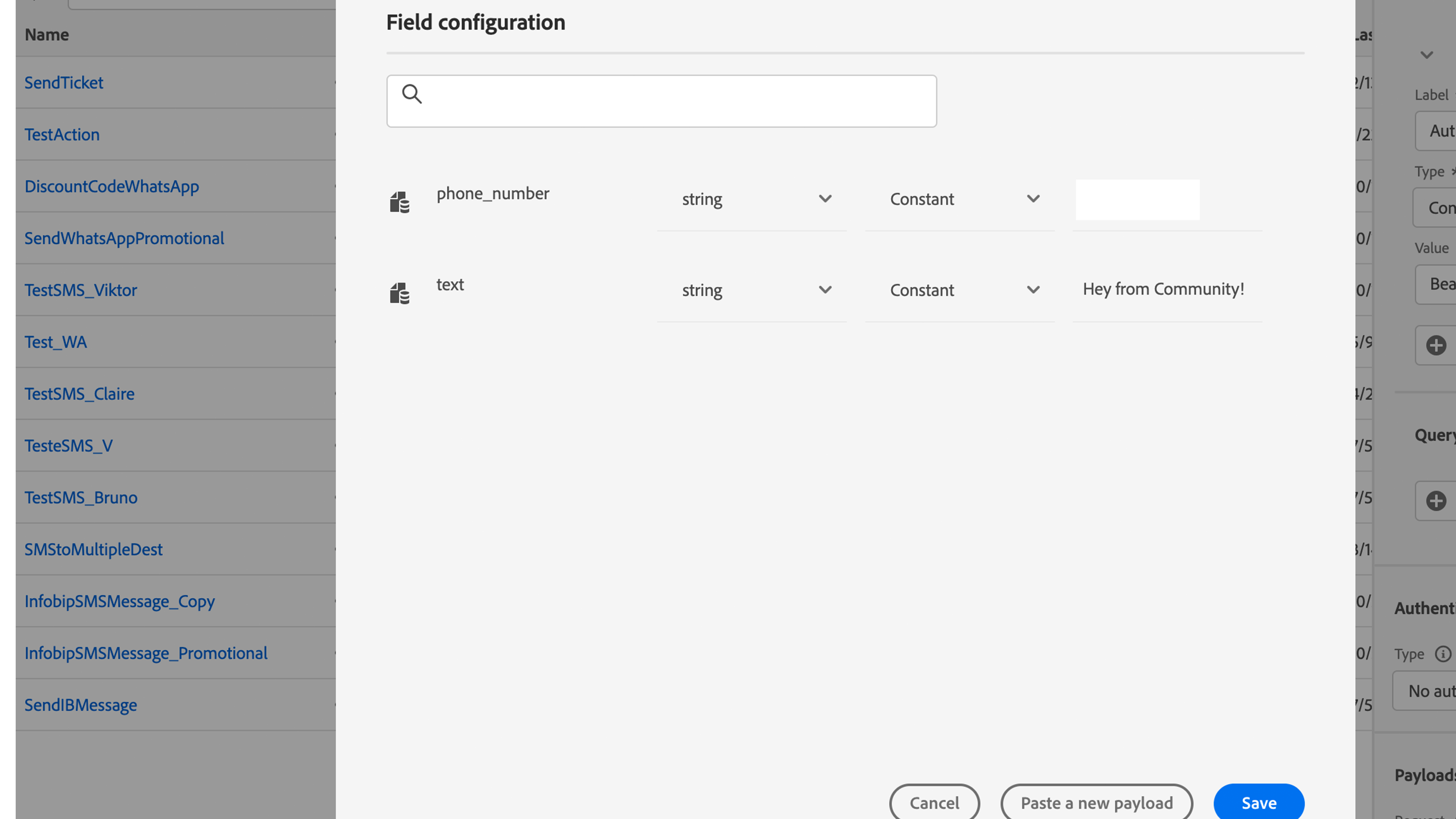 Paste action payload