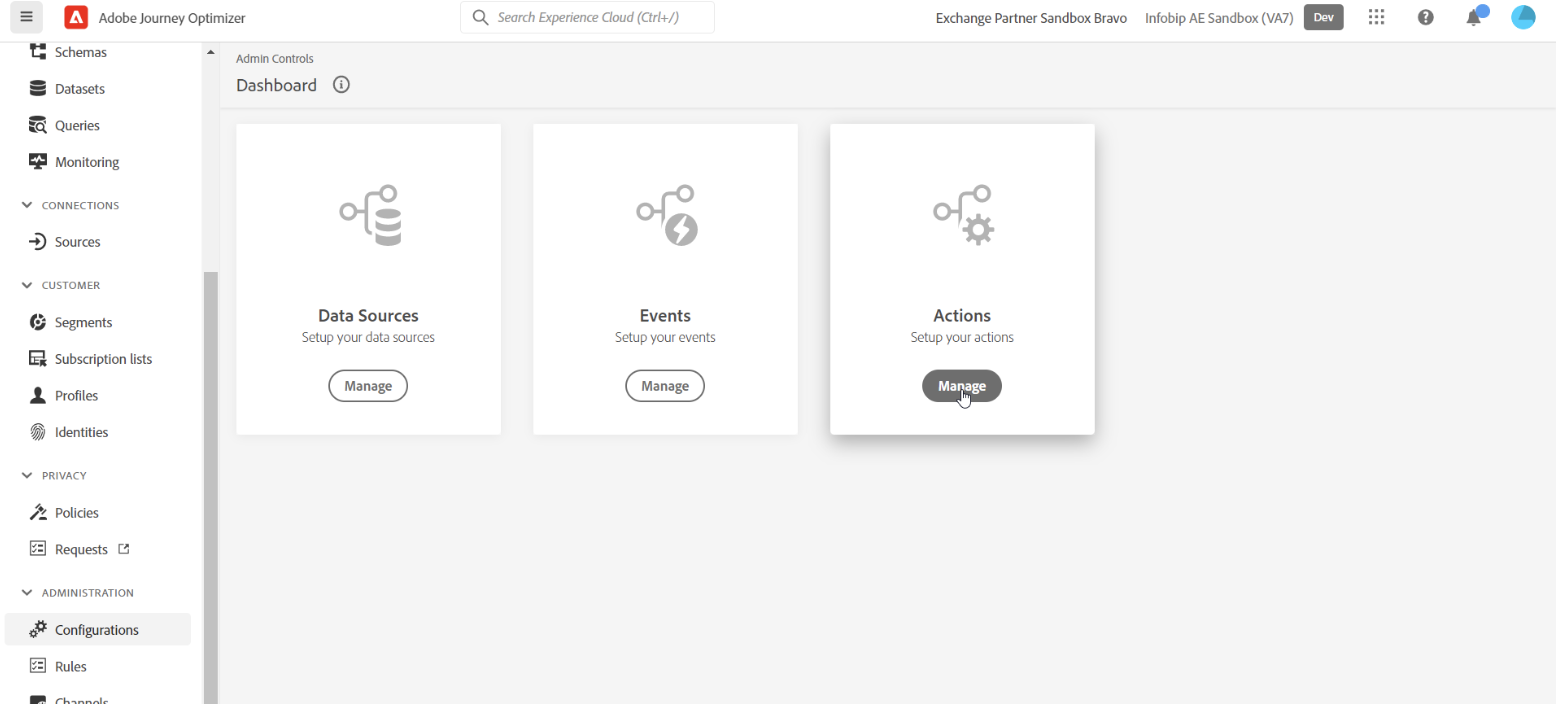 Navigate to manage actions