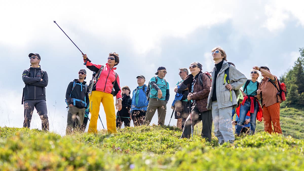 Eine Wanderleiterin, die mit einem Wanderstock in eine Richtung zeigt, um der Wandergruppe etwas zu erklären