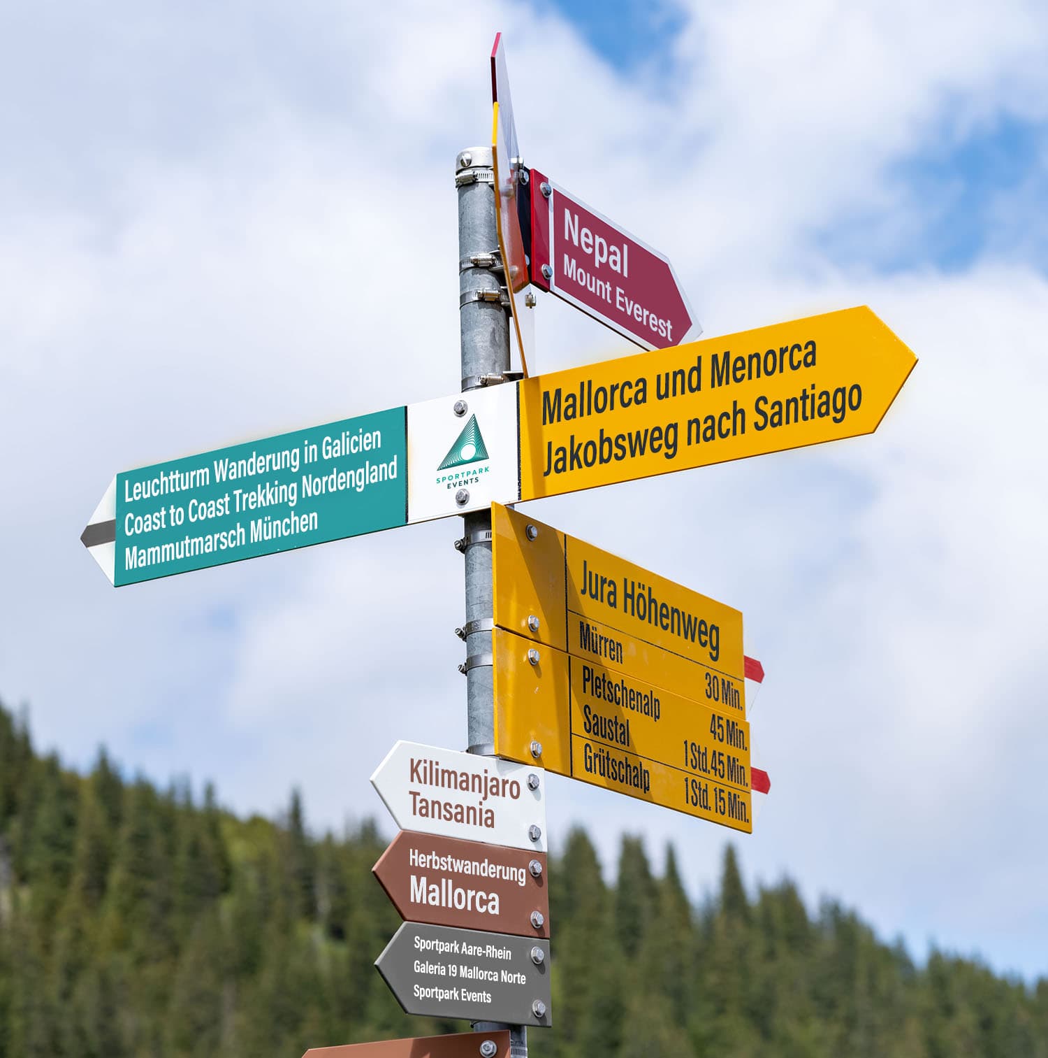 Verschiedenfarbige Wegweiser, die neben bekannten Wanderungen auch extra für Sportpark Events eingefügte Ziele anzeigen