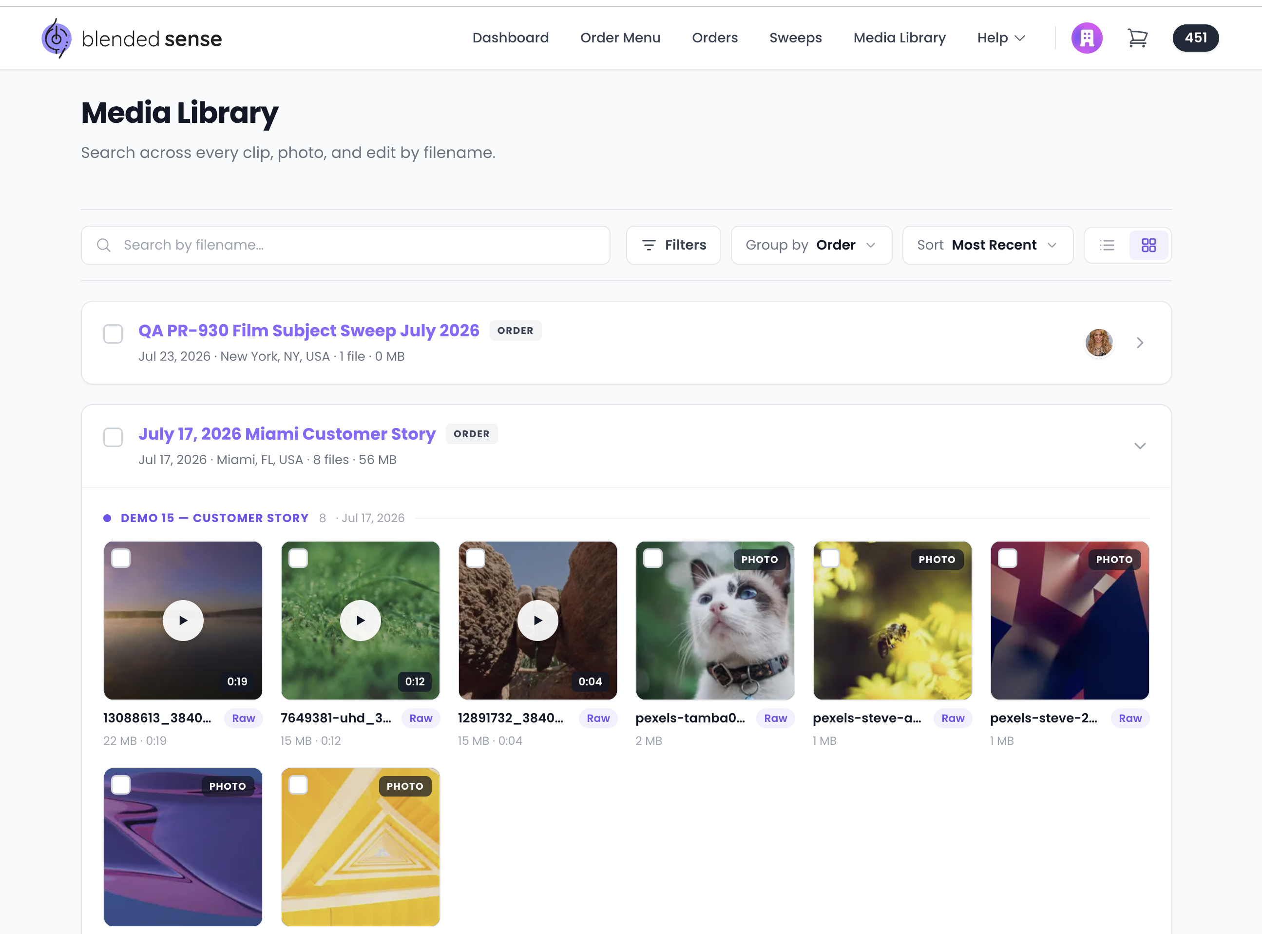 Footage organized in the Blended Sense Studio media library