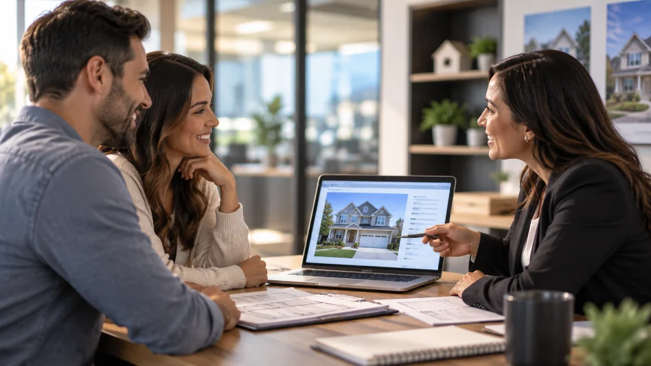 Loan officer walking a couple through a home listing at a closing table