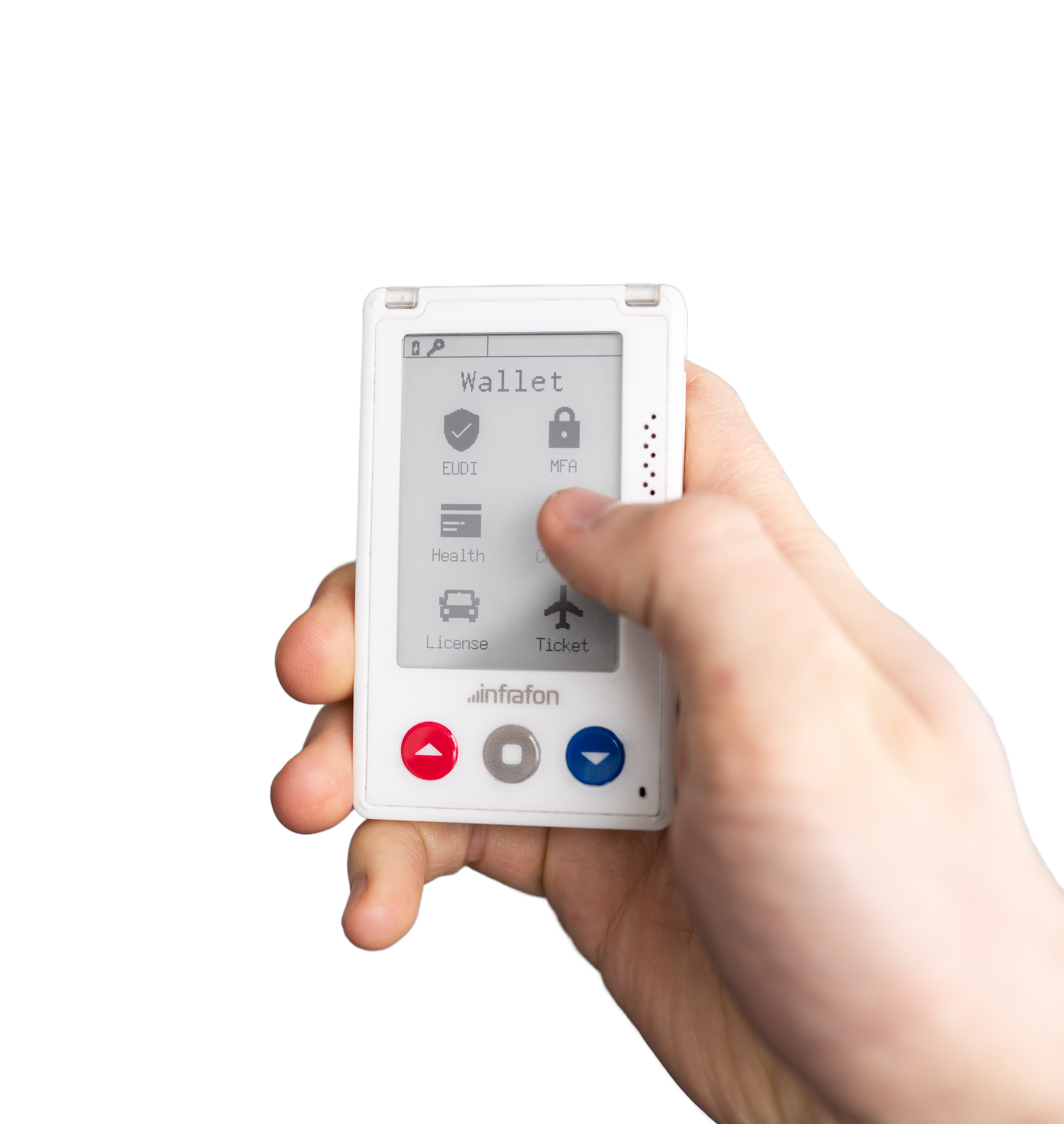 A hand holding the Infrafon CC1, used as a smart badge in a healthcare IoT setting