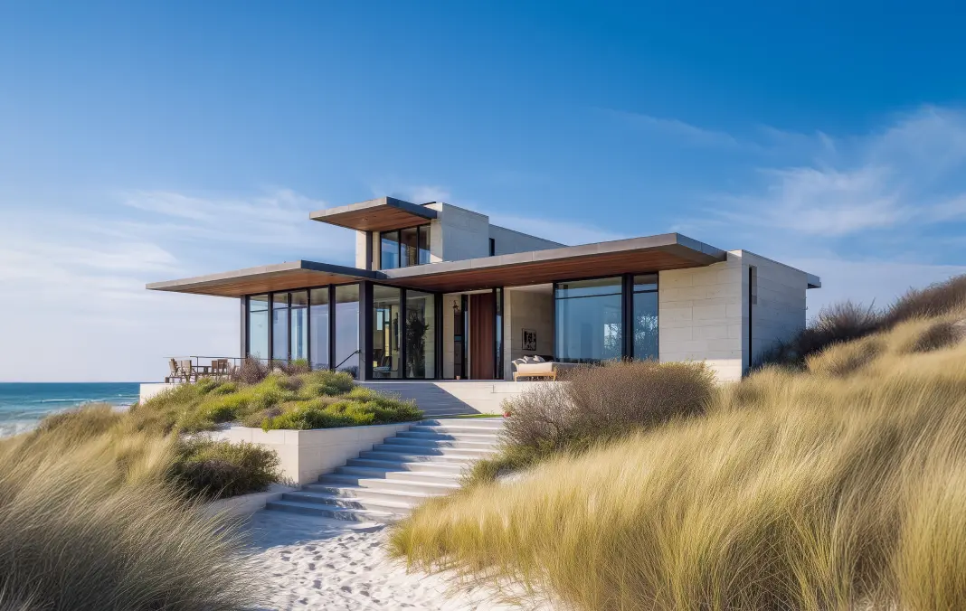 A modern luxury beachfront home with expansive glass walls sits elevated among sandy dunes and coastal grasses under a clear blue sky