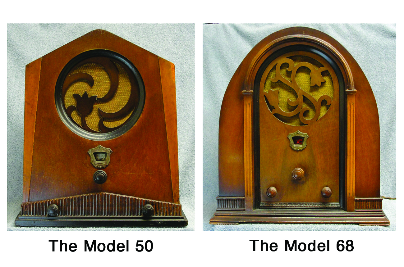 Side-by-side images of two vintage wooden radios, labeled The Model 50 on the left with a triangular top and circular speaker grill with floral design, and The Model 68 on the right with an arched top and ornate floral speaker grill.