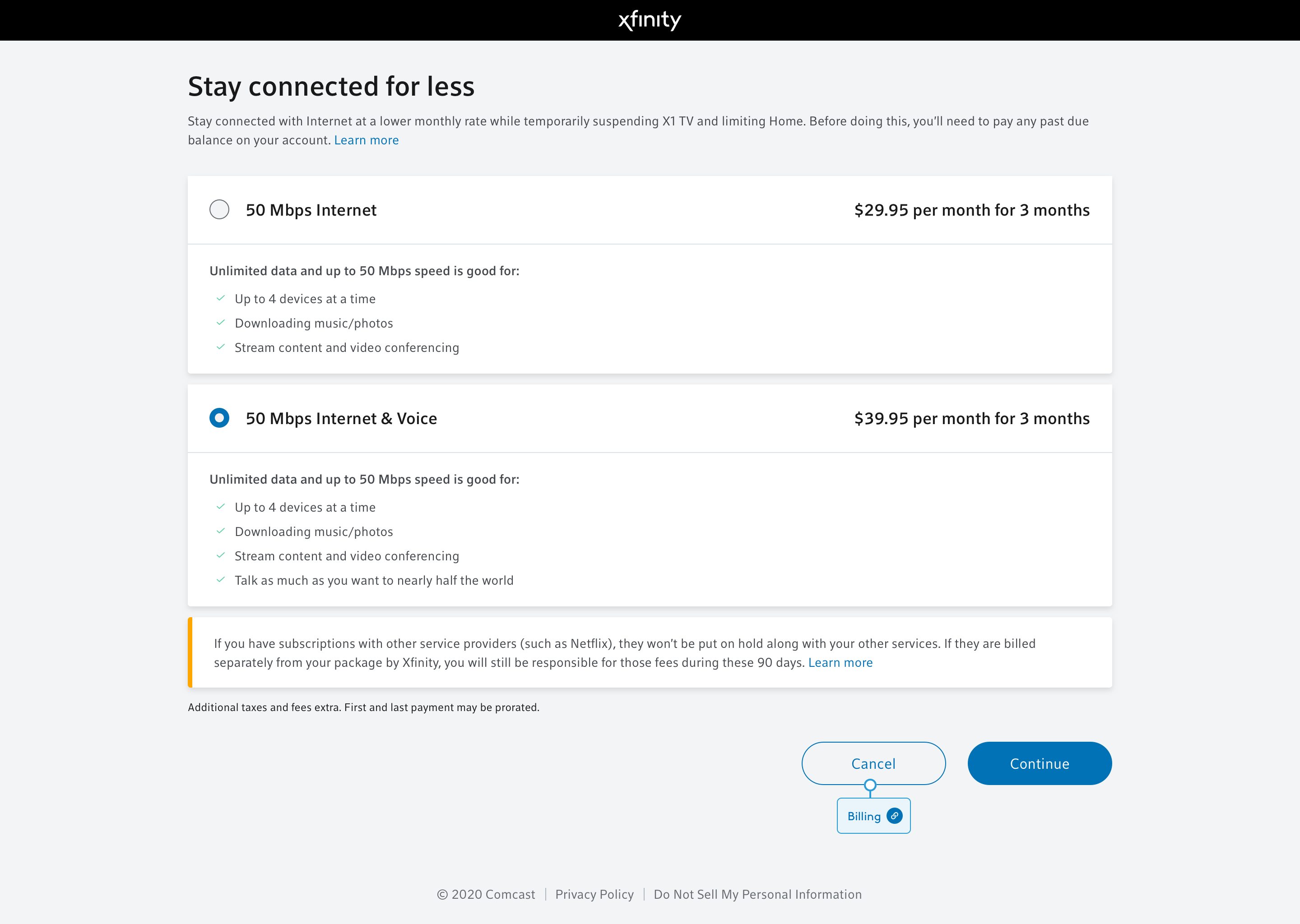 Xfinity service pause plan selection