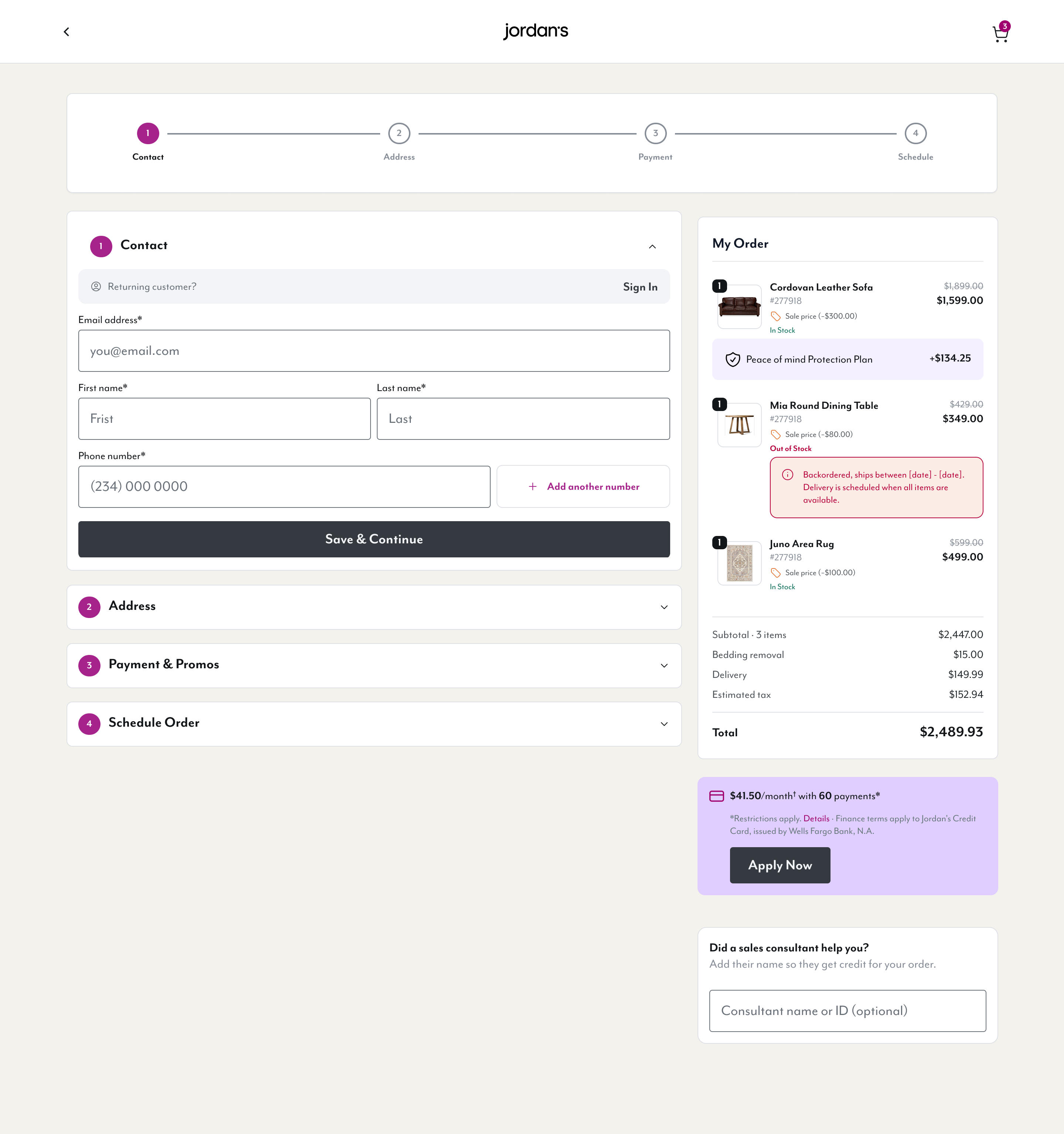 Jordan's Furniture checkout redesign