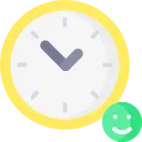 Reloj amarillo que marca las 10:10, con un emoji de una carita sonriente verde en la esquina inferior derecha.