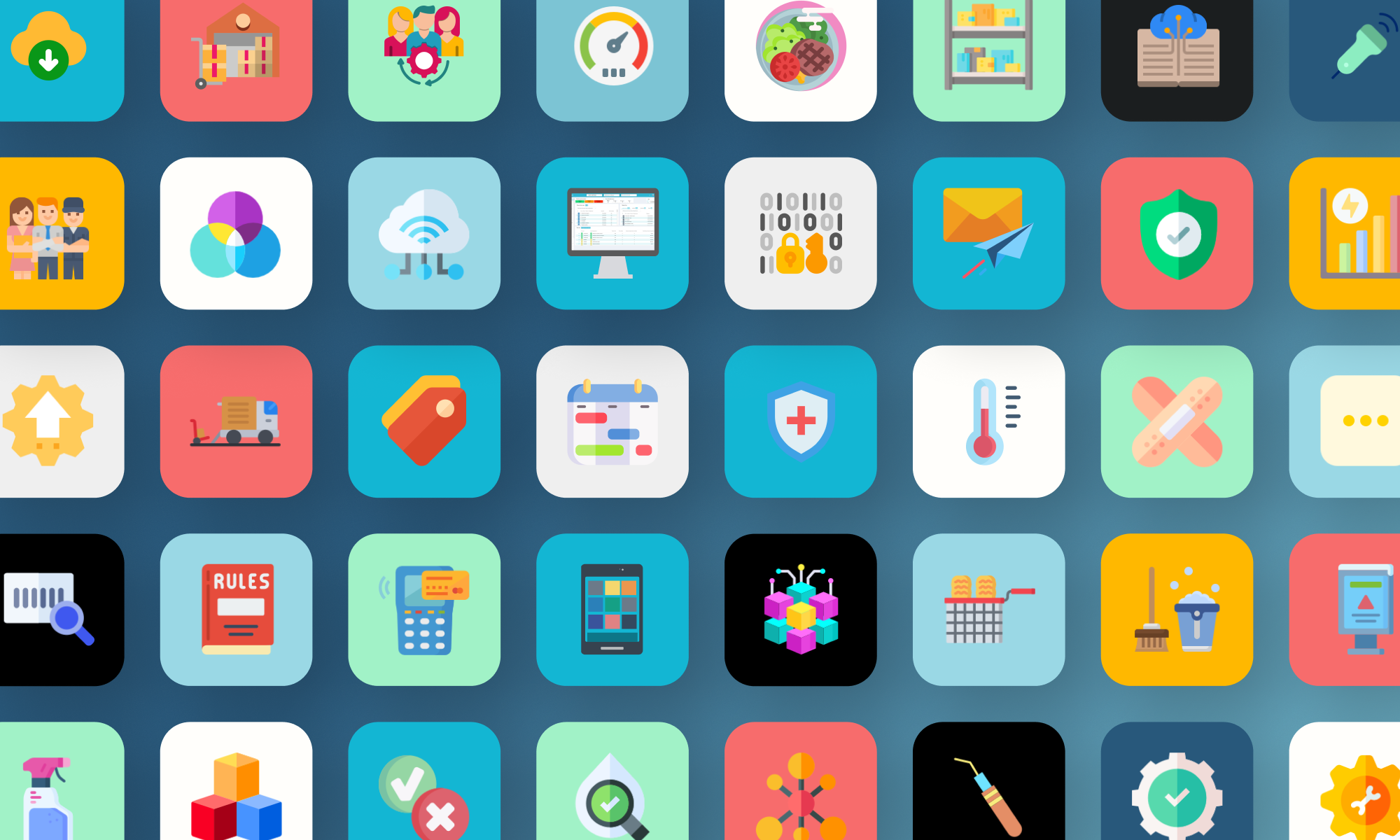 Cuadrícula de iconos de aplicaciones de colores que representan diversas funciones, como descarga, entrega, gestión de equipos, velocímetro, comida, estanterías, seguridad, correo electrónico, salud, calendario, termómetro, escaneo de códigos de barras, reglamento, terminal de pago, tableta, cadena de bloques, cesta de la compra, herramientas de limpieza y mucho más.