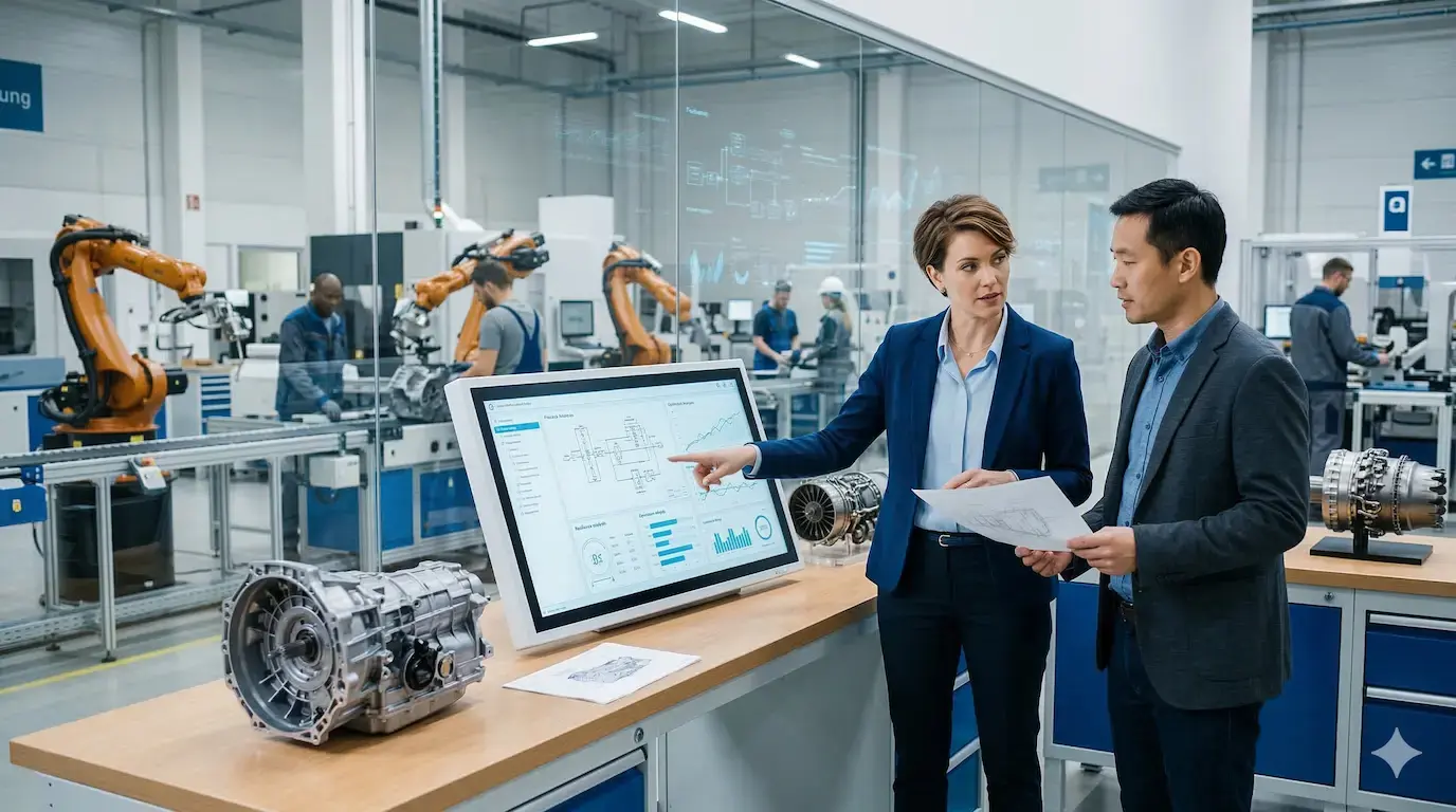 Change Manager und Ingenieur analysieren Transformationsdaten und mechanische Prototypen in einer modernen Industrie-Fertigung.