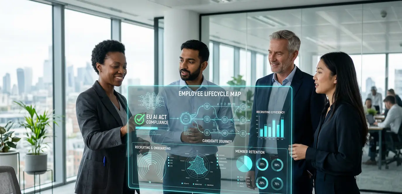 Ein diverses HR-Team bespricht in einem modernen Büro gemeinsam Datenströme und Prozesse rund um den Employee Lifecycle und KI-Compliance auf einem Laptop-Dashboard.