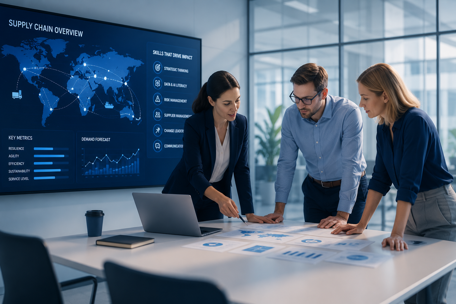 Strategisches Supply Chain Manager Profil und vernetzte globale Logistik-Prozesse für modernes Leadership.