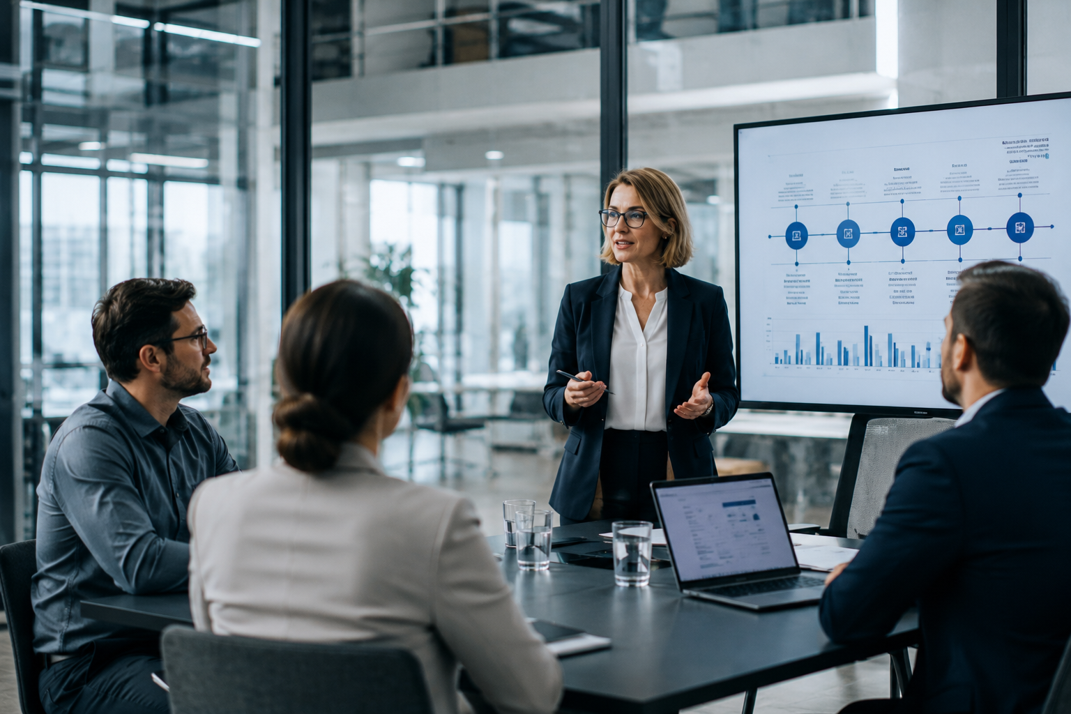 A group of colleagues sits around a table with laptops and notepads in a modern meeting room. A woman stands at a whiteboard drawing a line chart under the heading "Monthly Strategy" while the team listens attentively and discusses interactively. The image symbolizes strategic HR development, continuous learning processes within the company, agile workshops, and the collaborative closing of skill gaps in modern leadership teams.