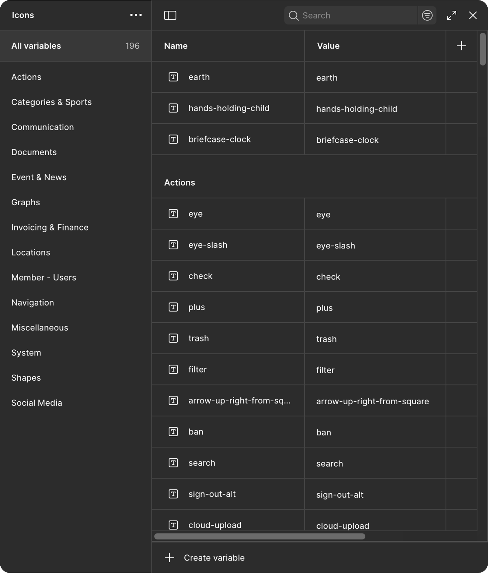 Screenshot of the icon variable library sorted by themes 