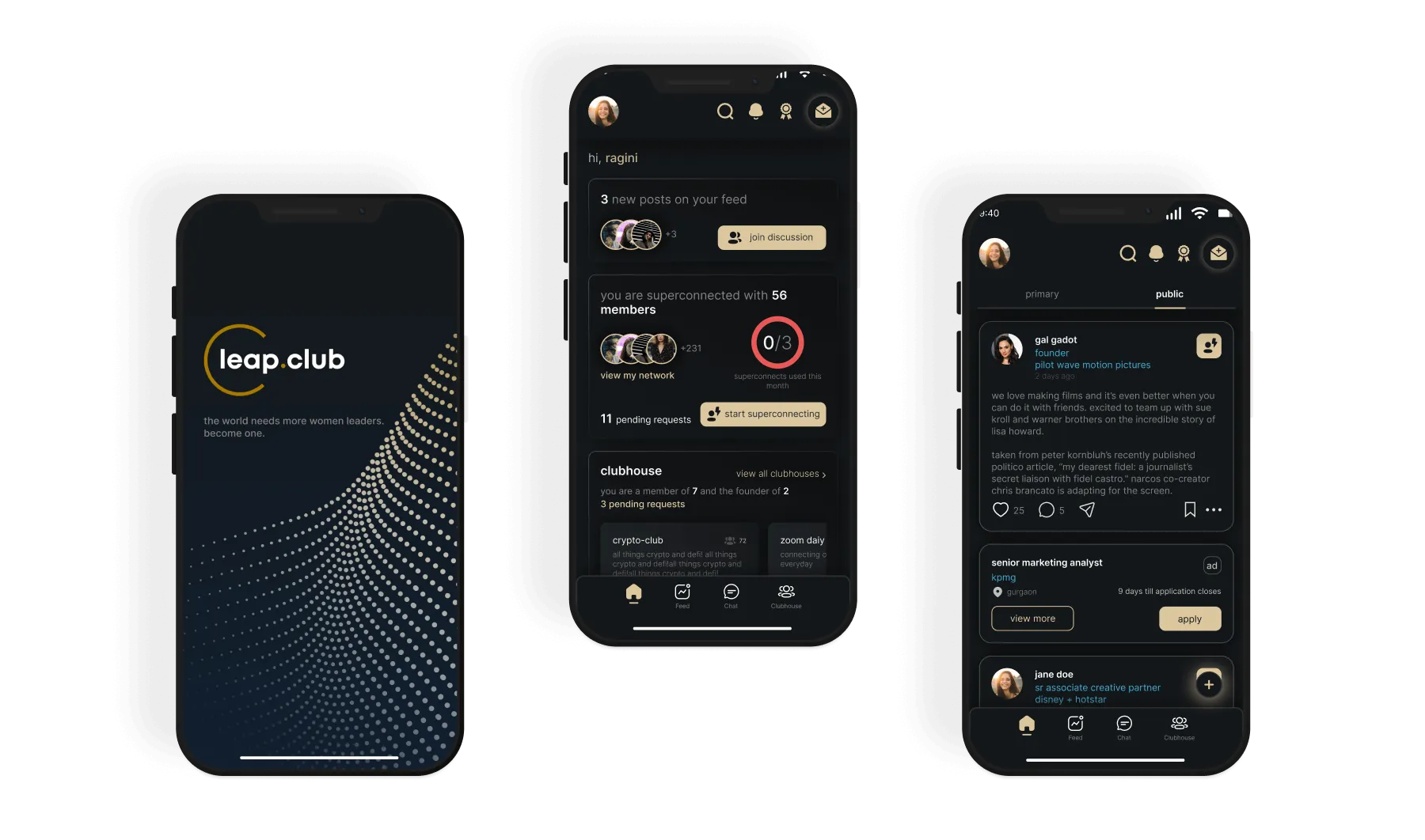 mobile mockups of the UX revamp of the leap.club app