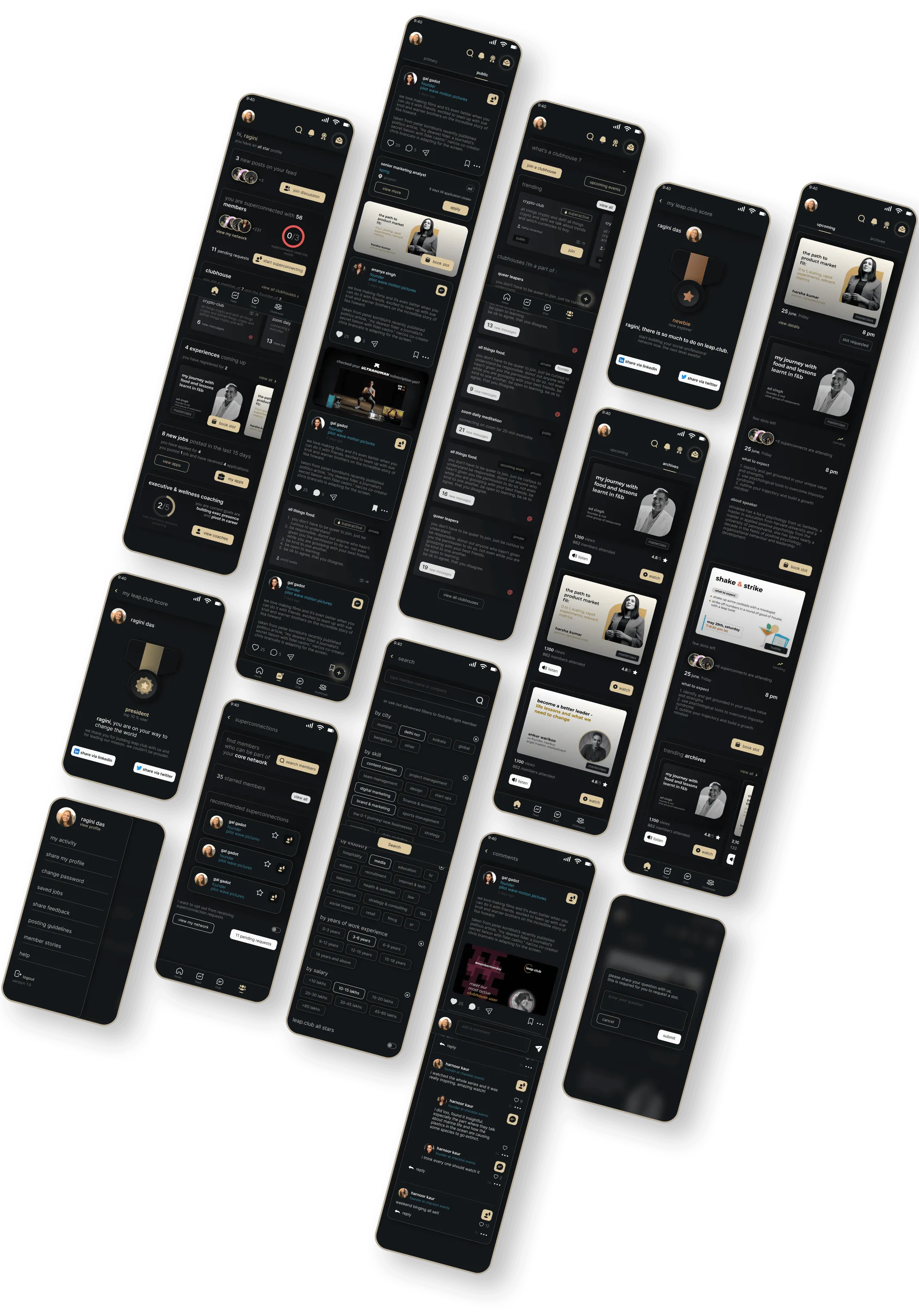 dark themed mobile ui with ux design for a women only community