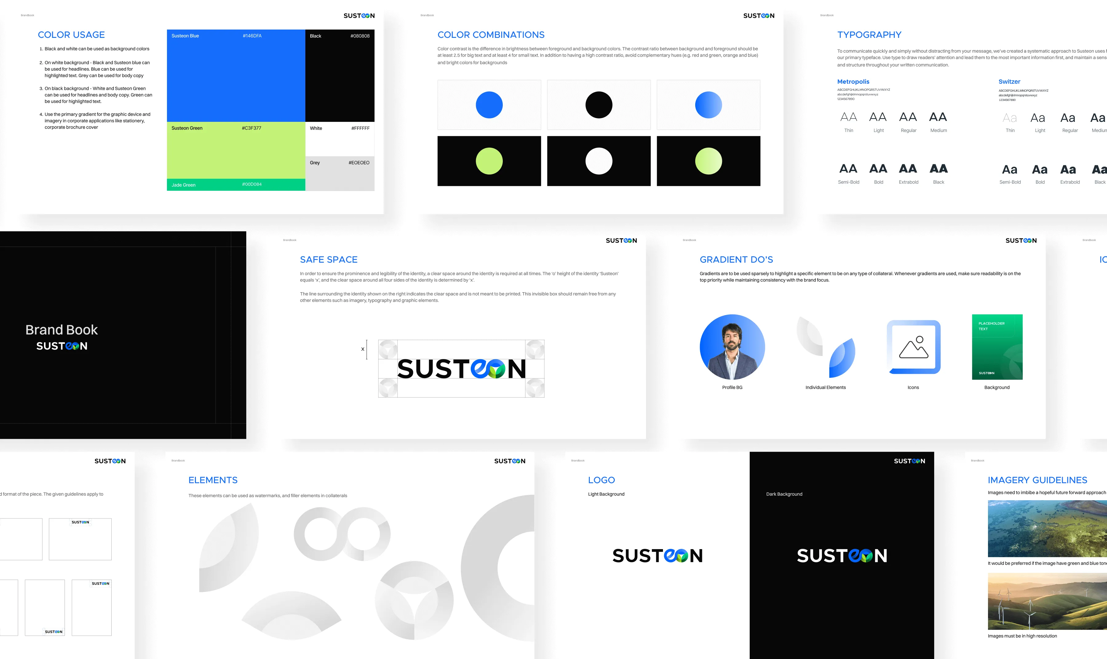 Brand book with Susteon’s color palette, typography, logo design, and imagery usage guidelines.