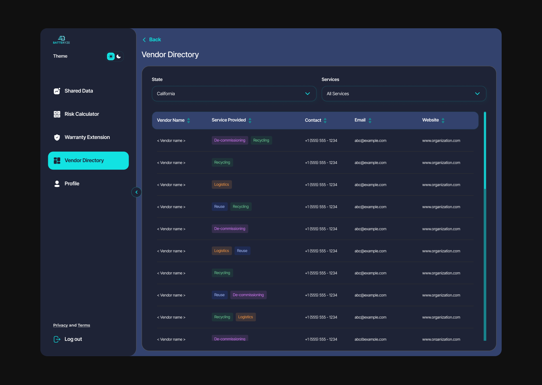 Batteryze dashboard mockup interface