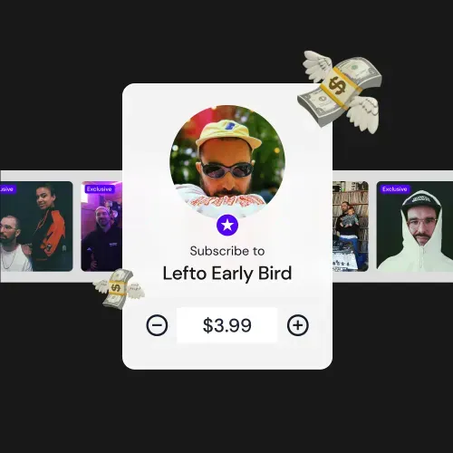 UI examples of a user profile on Mixcloud with some money icons flying off of it