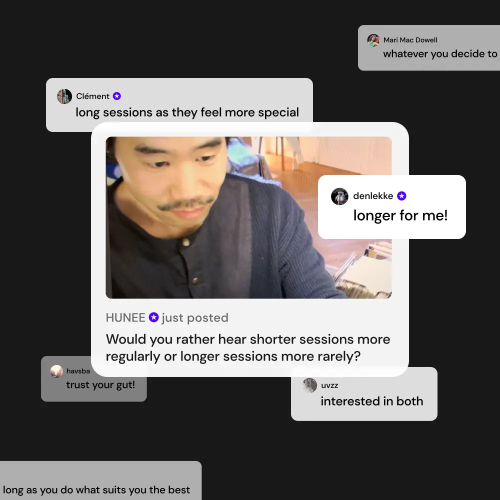 A screenshot of a post shared by a creator on mixcloud with example comments from their followers