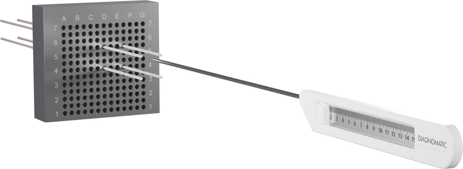 Positioning the brachytherapy needle measuring device on the needle and advancing it until it rests against the template surface.